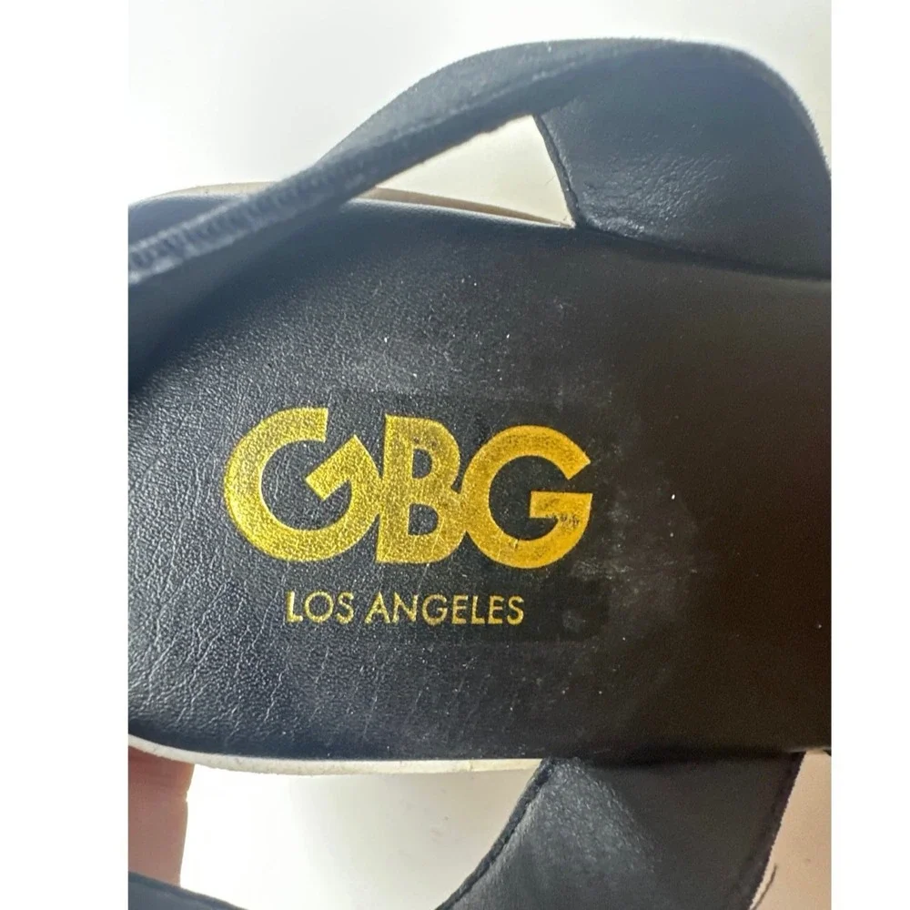 G by Guess GBG Black‎ Elastic Ankle Strap Sandals Wedges Gold Logo Accent 8.5